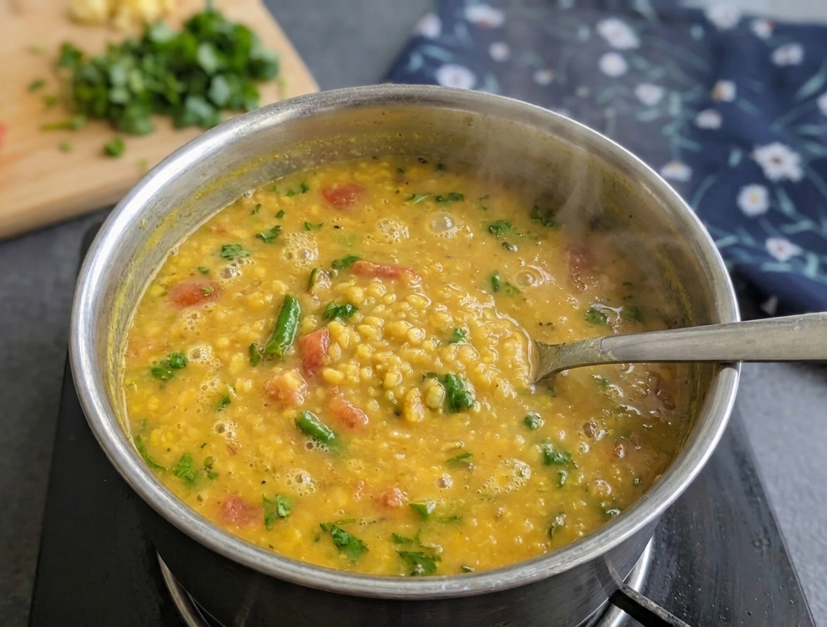 A pot of yellow moong dal gently simmering on a stovetop with small bubbles and a spoon resting on the rim
