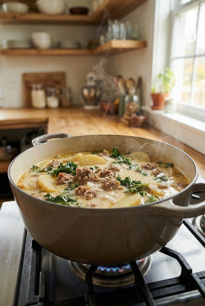 A pot of zuppa toscana simmering on the stovetop with visible sausage crumbles, potato slices, and kale in a creamy broth