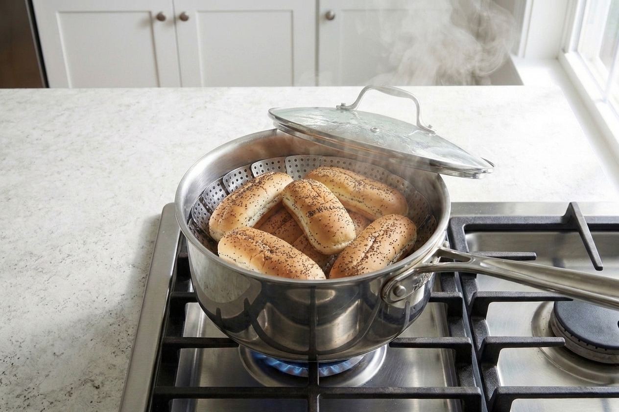 A pot on a stove with a steamer basket holding poppy seed hot dog buns, steam rising under a lid in a home kitchen