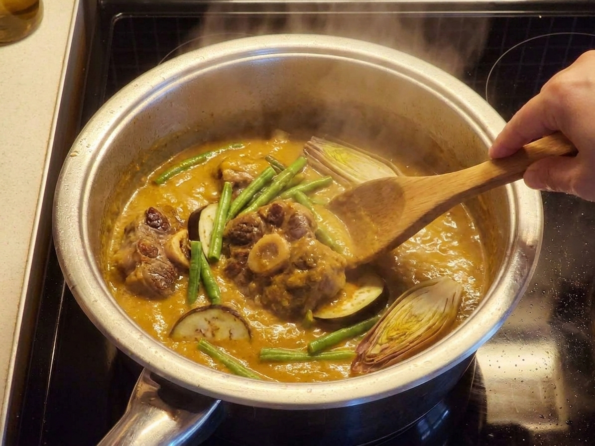 A pot on a stove with kare-kare peanut sauce gently simmering, a wooden spoon stirring, steam rising in a cozy home kitchen