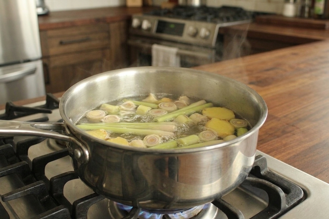 A pot on a stove with lemongrass and sliced ginger simmering in clear broth