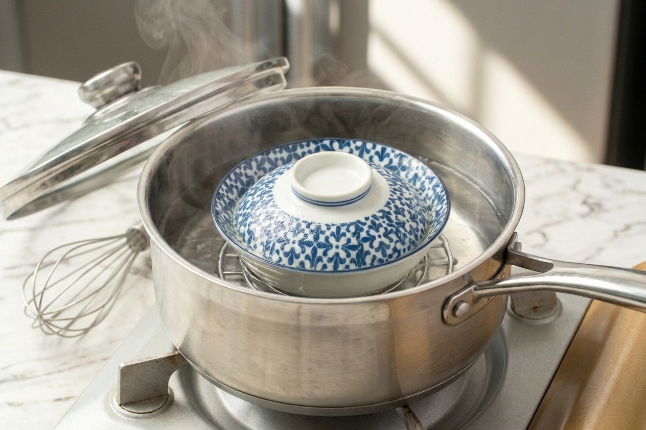 A pot on a stovetop gently steaming with a covered bowl inside, lid slightly fogged from steam