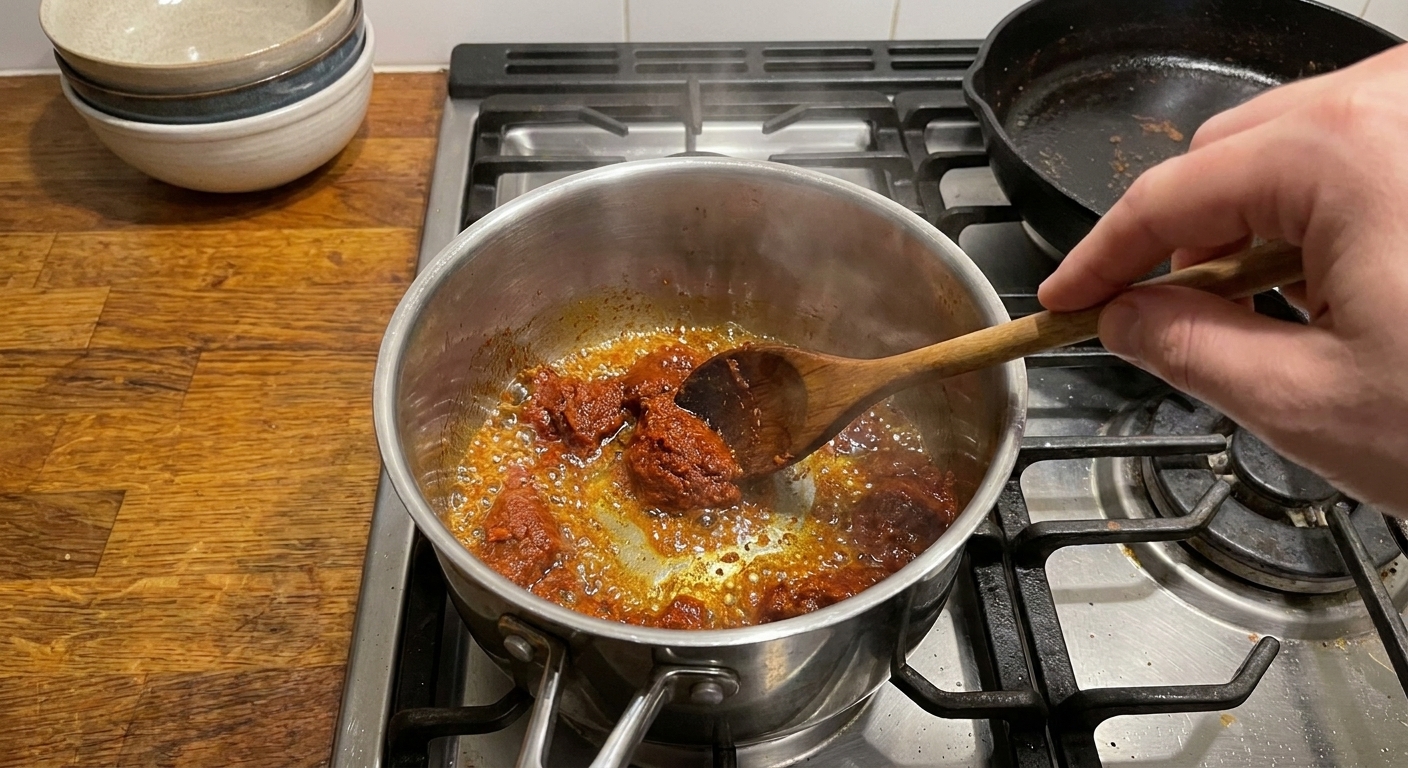 A pot on a stovetop with Massaman curry paste sizzling in oil and being stirred with a wooden spoon as it darkens slightly