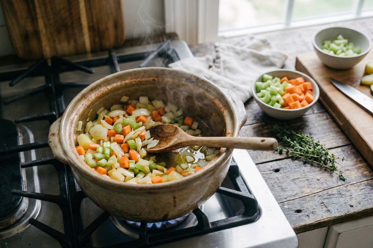 A pot on a stovetop with chopped onions, carrots, and celery ready to be sautéed, ingredients nearby on the counter
