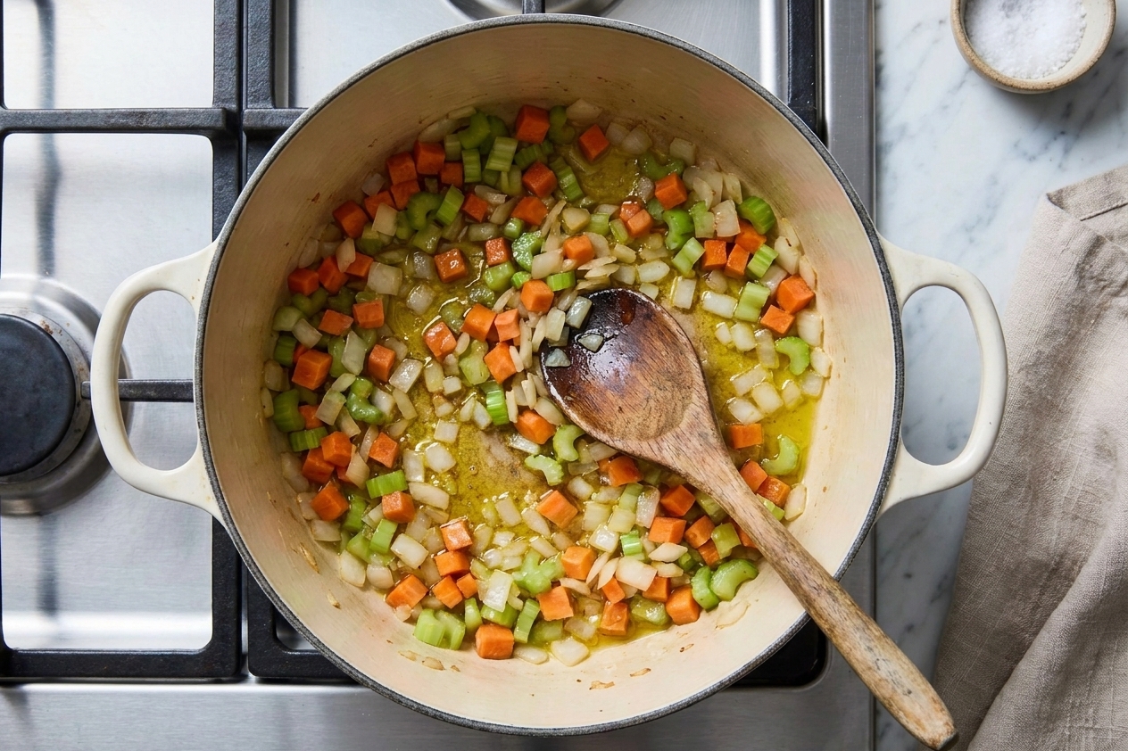 A pot on a stovetop with onion, carrot, and celery sautéing in olive oil, a wooden spoon resting inside