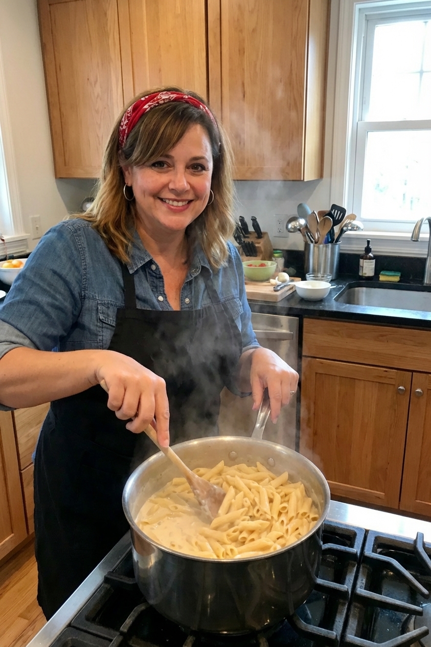 A pot on a stovetop with penne simmering in a creamy sauce, a wooden spoon stirring while steam rises, photorealistic home kitchen scene
