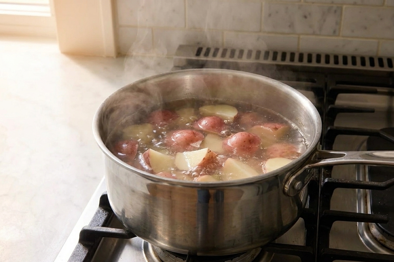 A pot on a stovetop with red potato chunks simmering in salted water, steam rising in a warm home kitchen