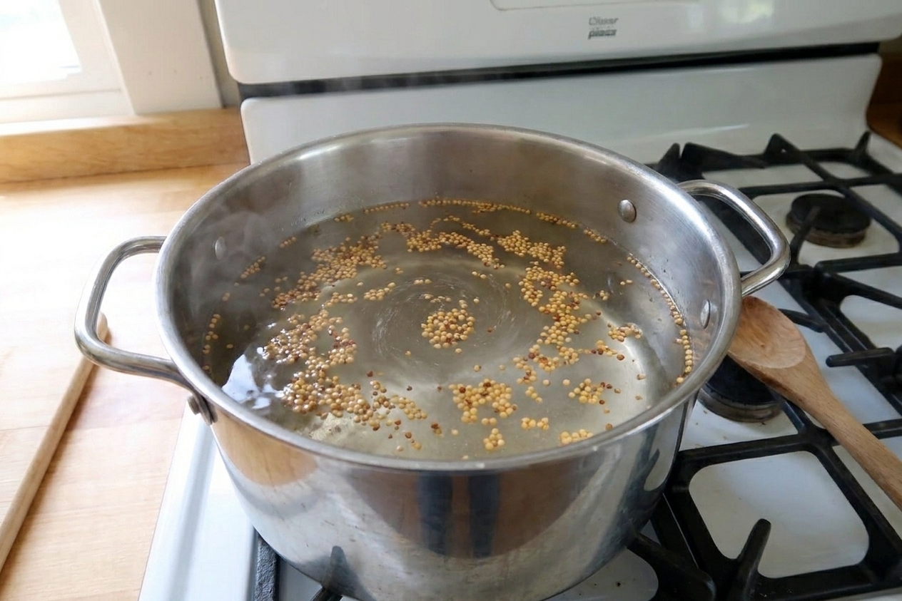 A pot on the stove with a vinegar brine simmering and mustard seeds visible on the surface
