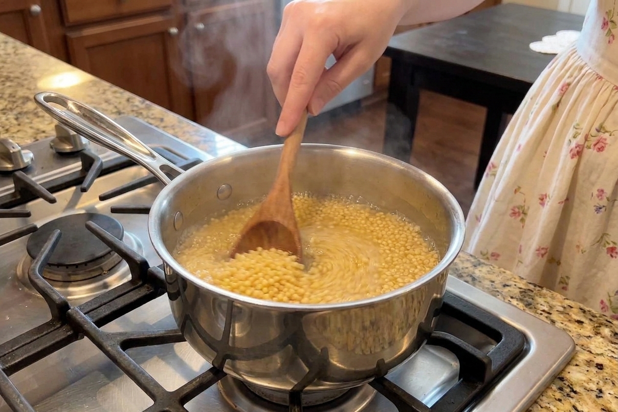 A pot on the stove with acini di pepe pasta simmering in boiling water while a wooden spoon stirs