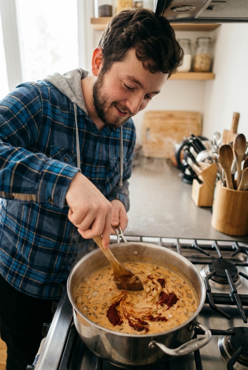 A pot on the stove with bisque base simmering, showing onions and tomato paste being stirred with a wooden spoon