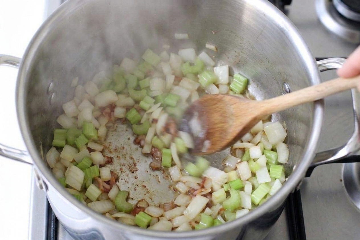 A pot on the stove with diced onions and celery sautéing in rendered bacon fat, wooden spoon stirring as steam rises
