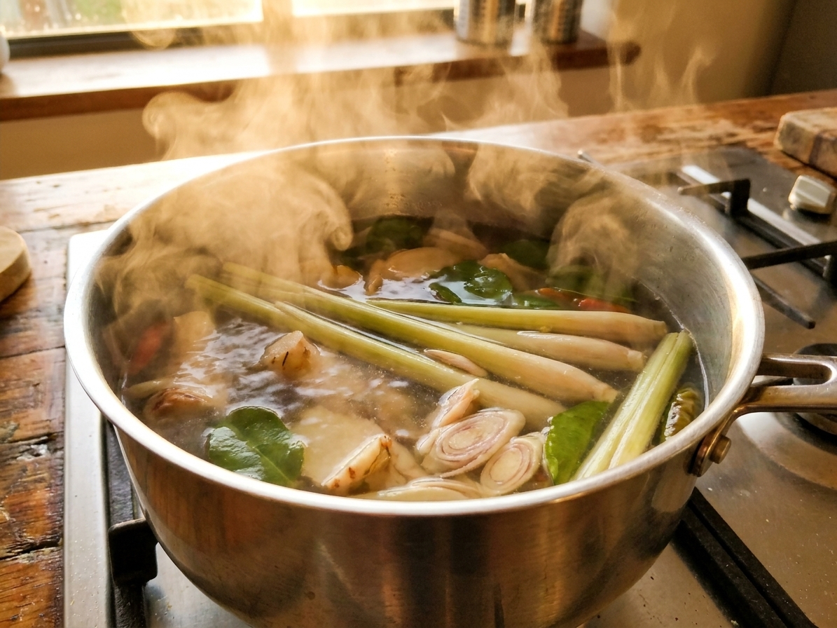A pot on the stove with lemongrass and aromatics simmering in clear broth, steam rising in warm kitchen light