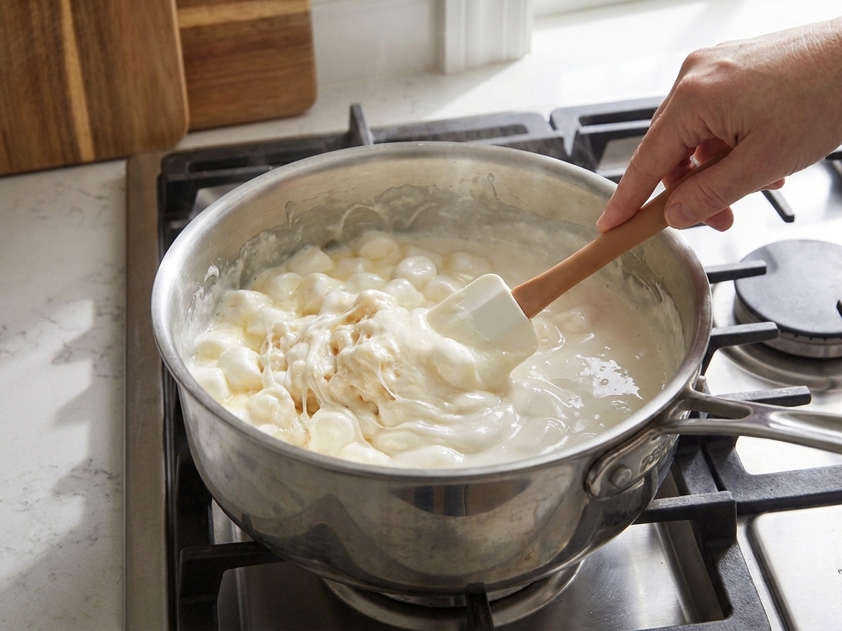 A pot on the stove with melted marshmallows and butter being stirred with a rubber spatula until smooth and glossy
