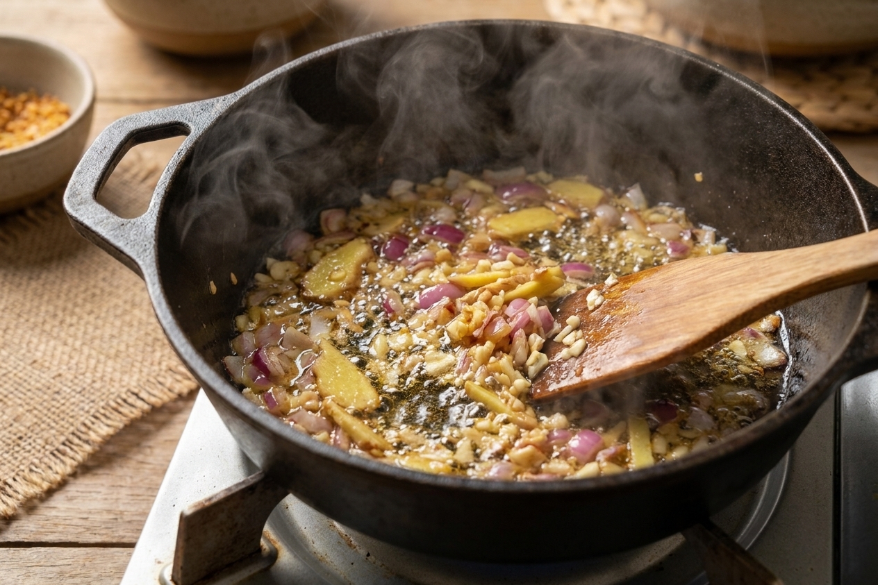 A pot on the stove with onion, ginger, and garlic sautéing in oil, steam rising