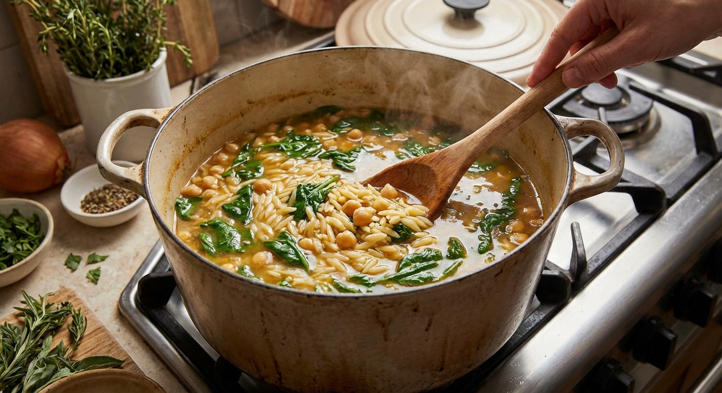 A pot on the stove with orzo simmering in broth, with chickpeas and spinach being stirred in