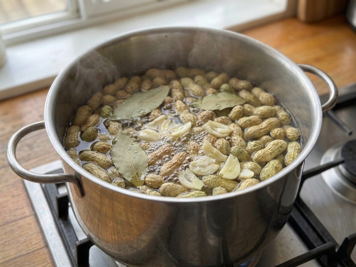 A pot on the stove with peanuts simmering in salty water, small bubbles breaking the surface