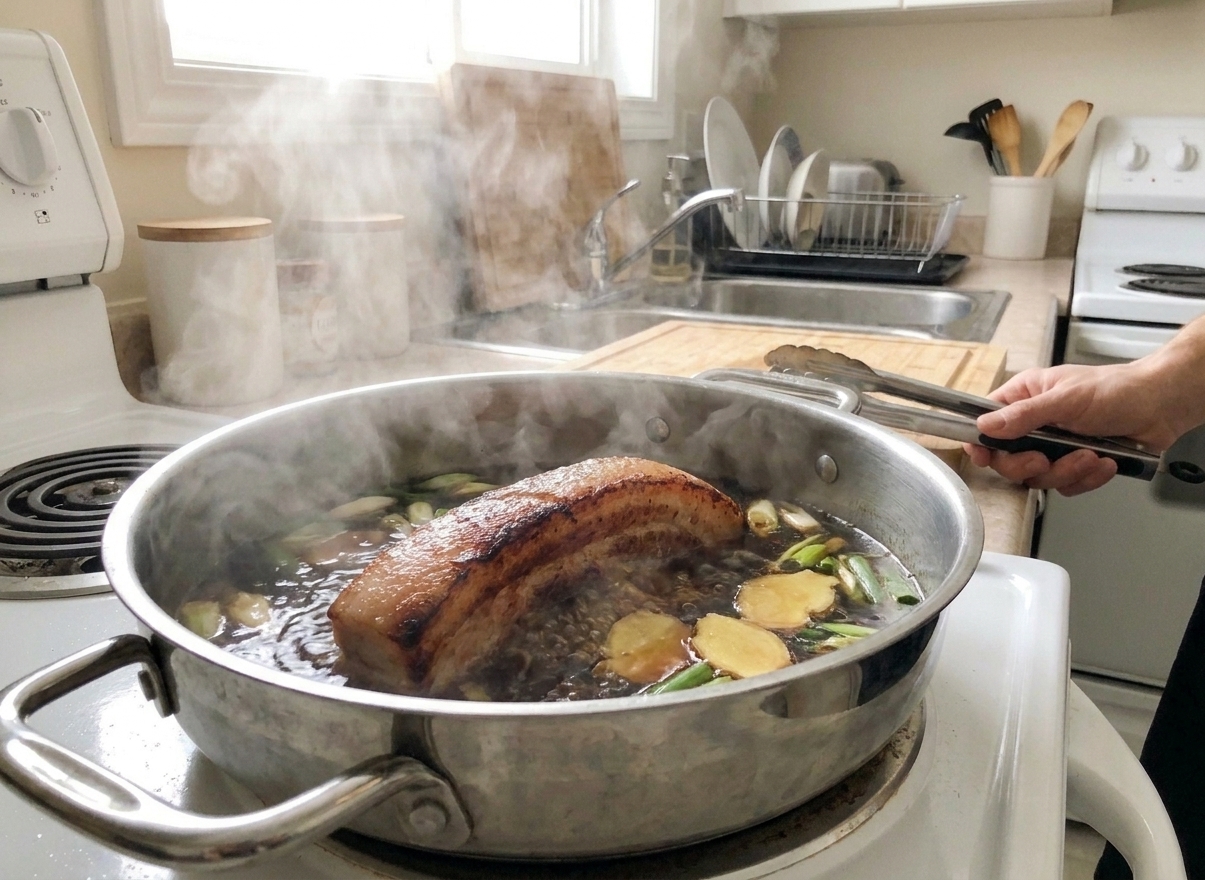 A pot on the stove with pork belly braising in a soy-mirin broth with ginger and scallions, steam rising