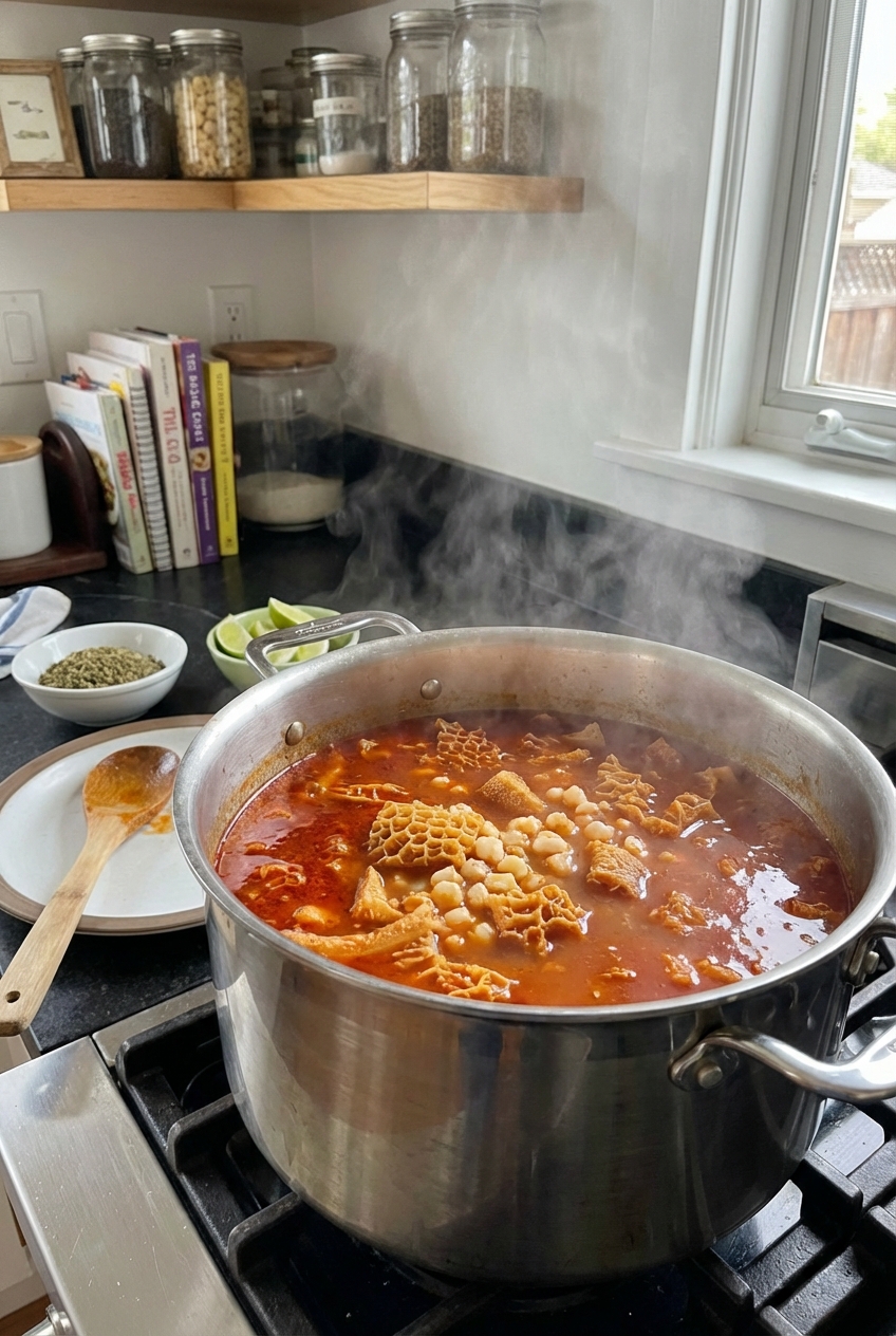 A pot on the stove with red chile broth simmering with tripe and hominy, with steam rising