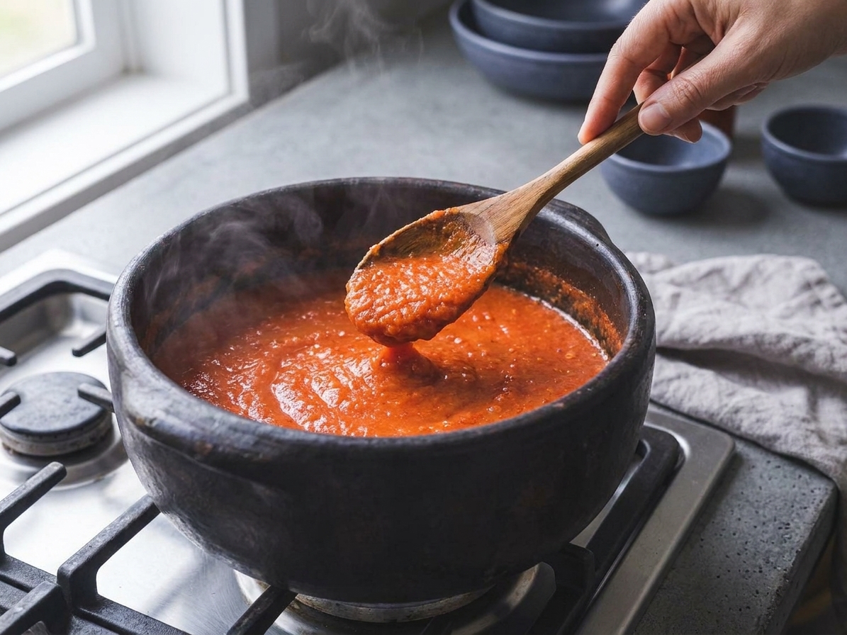 A pot on the stove with red pepper sauce bubbling gently as a wooden spoon stirs the mixture