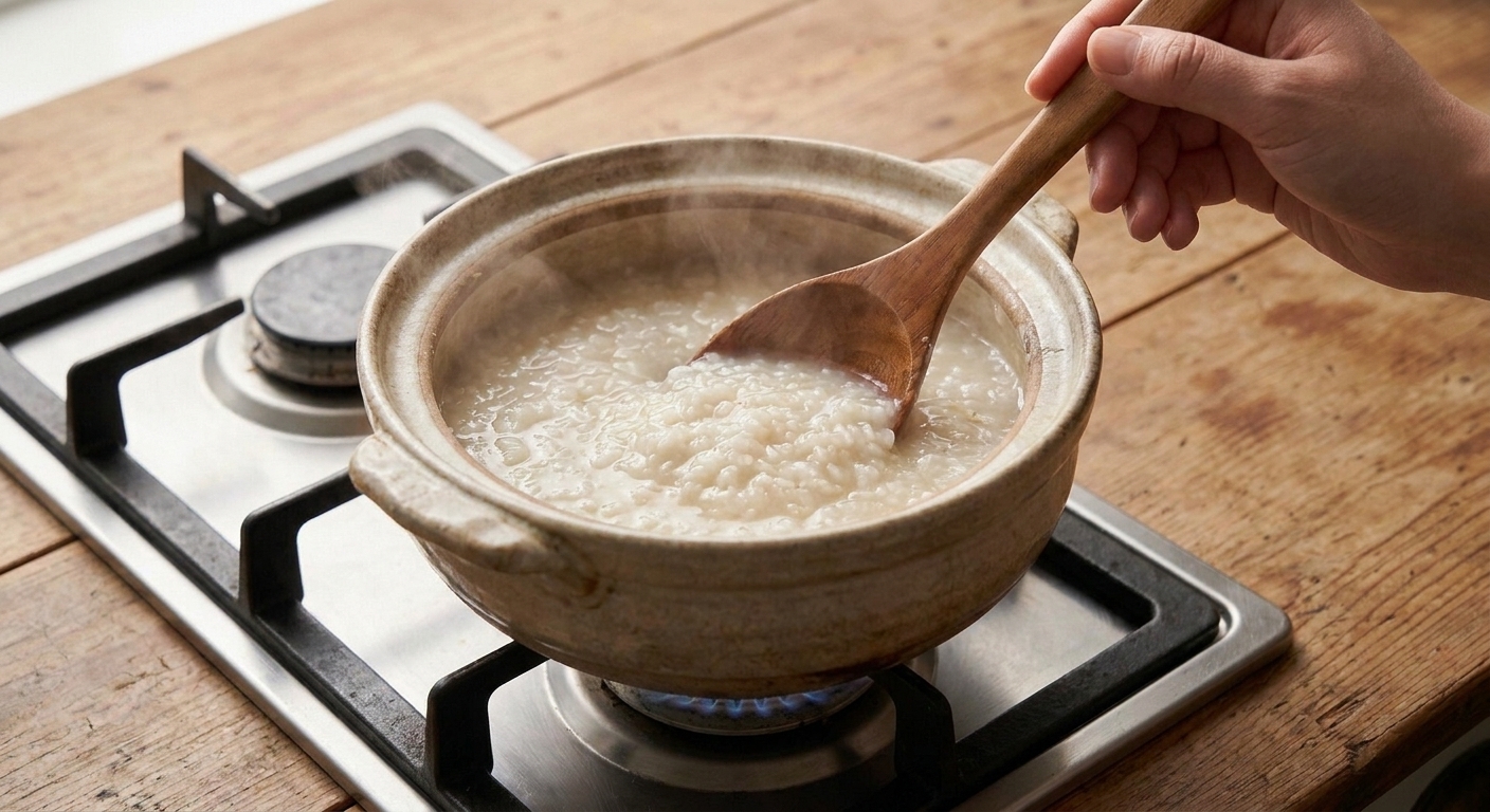 A pot on the stove with rice porridge gently simmering while a spoon stirs the creamy rice and steam rises