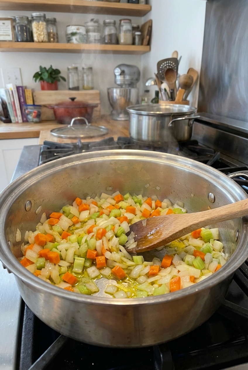 A pot on the stove with sautéed onions, carrots, and celery softening and turning glossy in olive oil