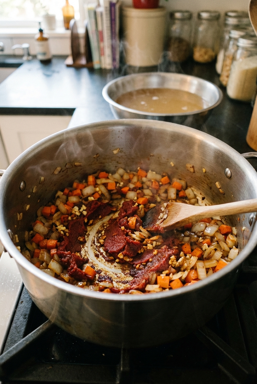 A pot on the stove with sautéed onions, carrots, garlic, and tomato paste turning deep red before adding broth