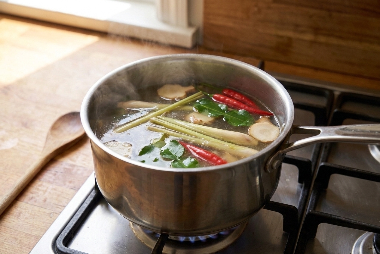 A pot on the stove with tom yum aromatics simmering in clear broth, lemongrass pieces and lime leaves visible at the surface, home kitchen lighting
