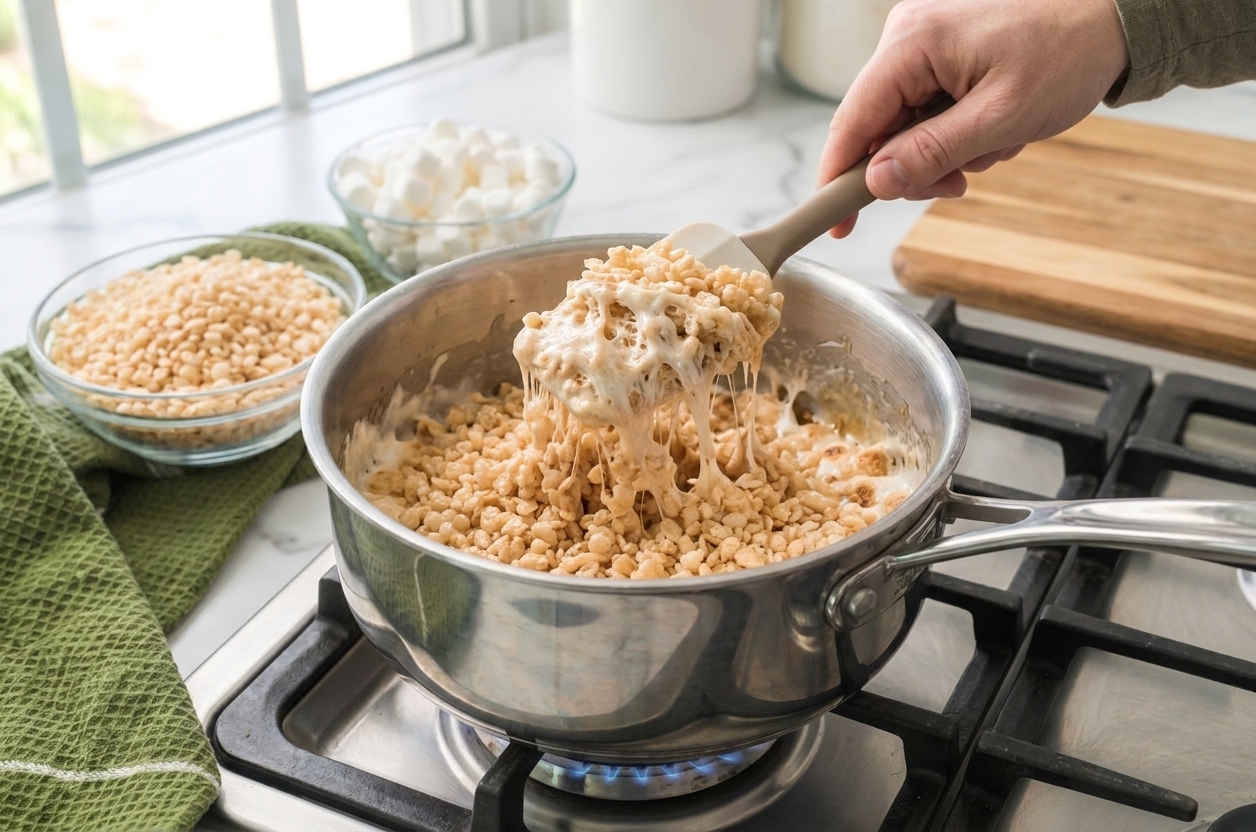 A pot with a spatula folding Rice Krispies into melted marshmallow mixture
