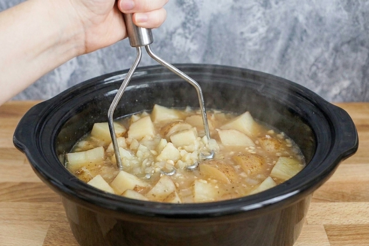 A potato masher breaking down tender potatoes inside a slow cooker to create a creamy soup base