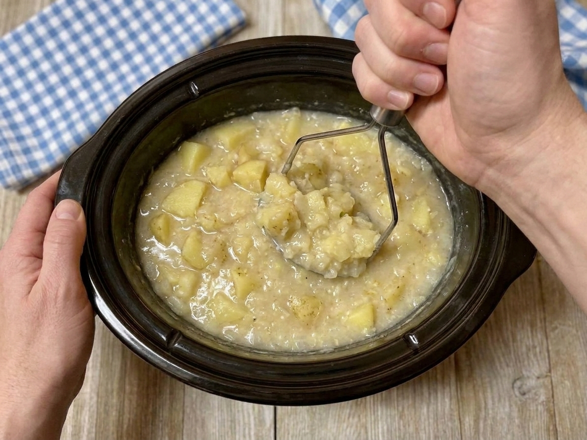 A potato masher partially mashing cooked potatoes inside a slow cooker to create a creamy soup base