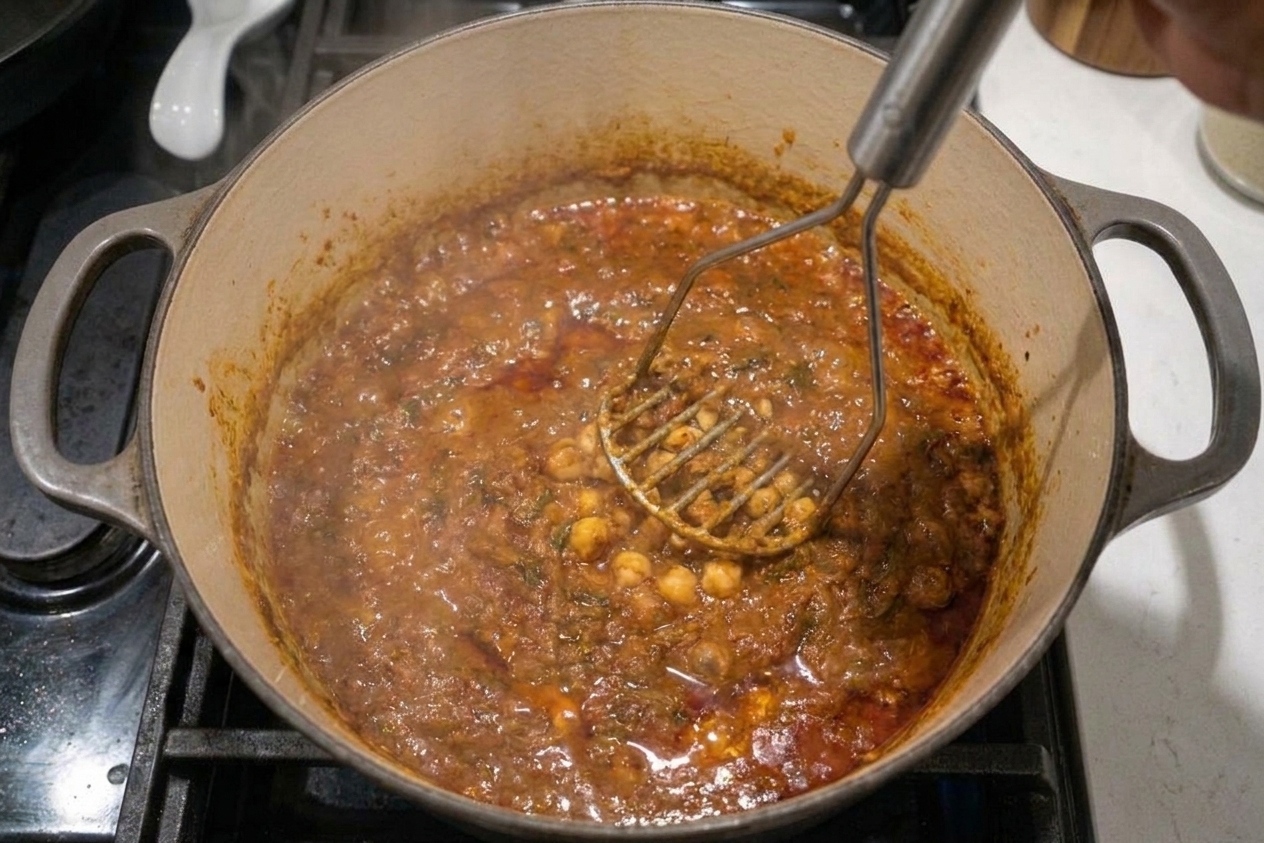 A potato masher pressing chickpeas in a pot of chole as the gravy thickens on a stovetop