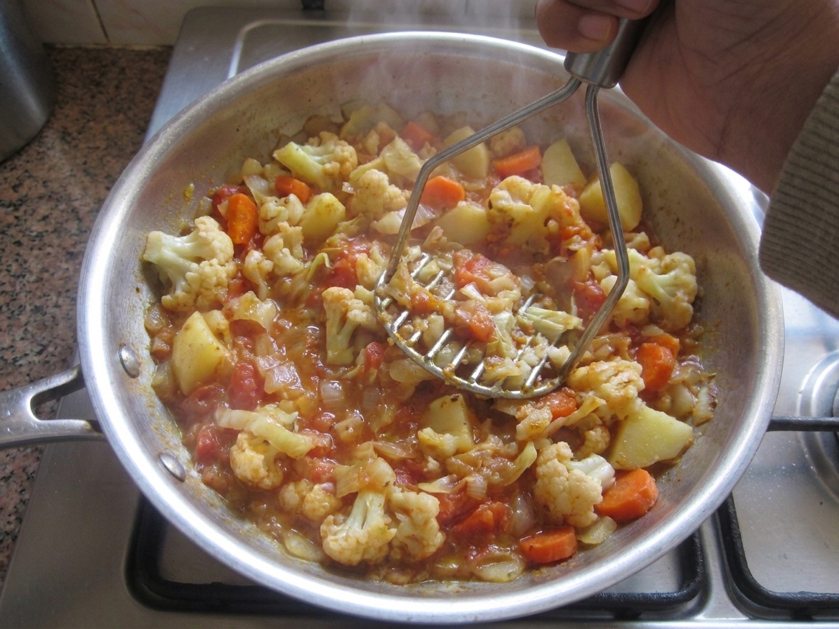 A potato masher pressing cooked vegetables and spices together in a large skillet on the stove