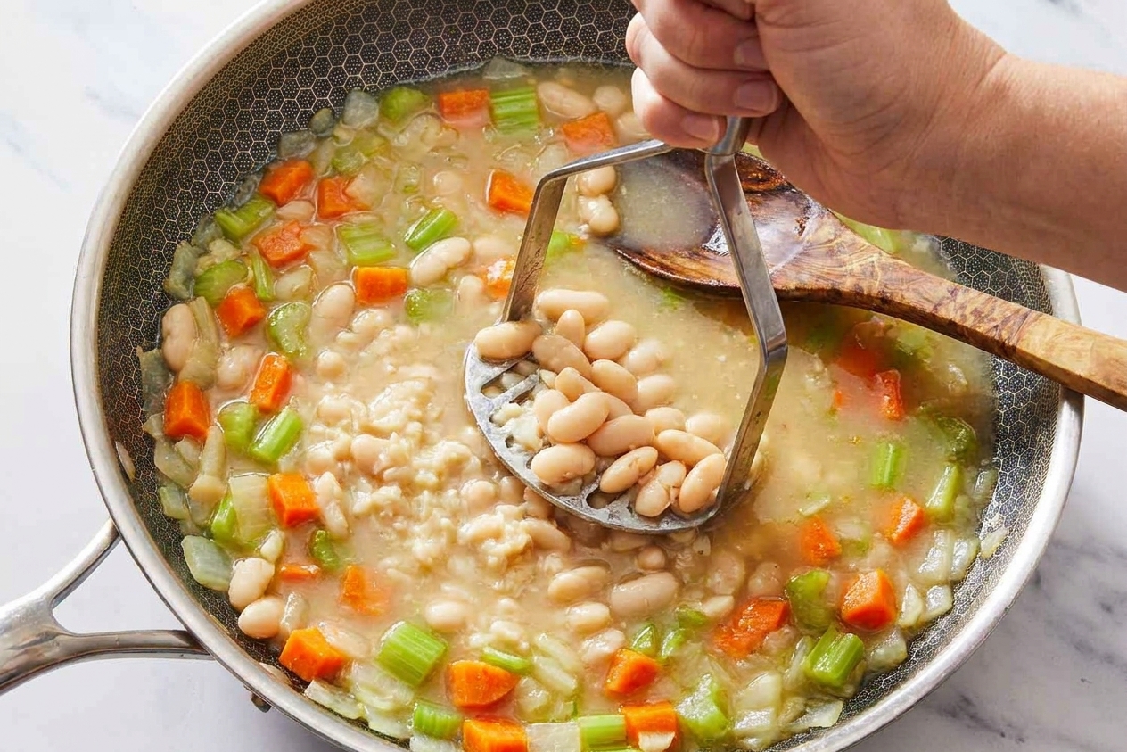 A potato masher pressing tender white beans against the side of a pot to thicken the broth, close-up cooking action
