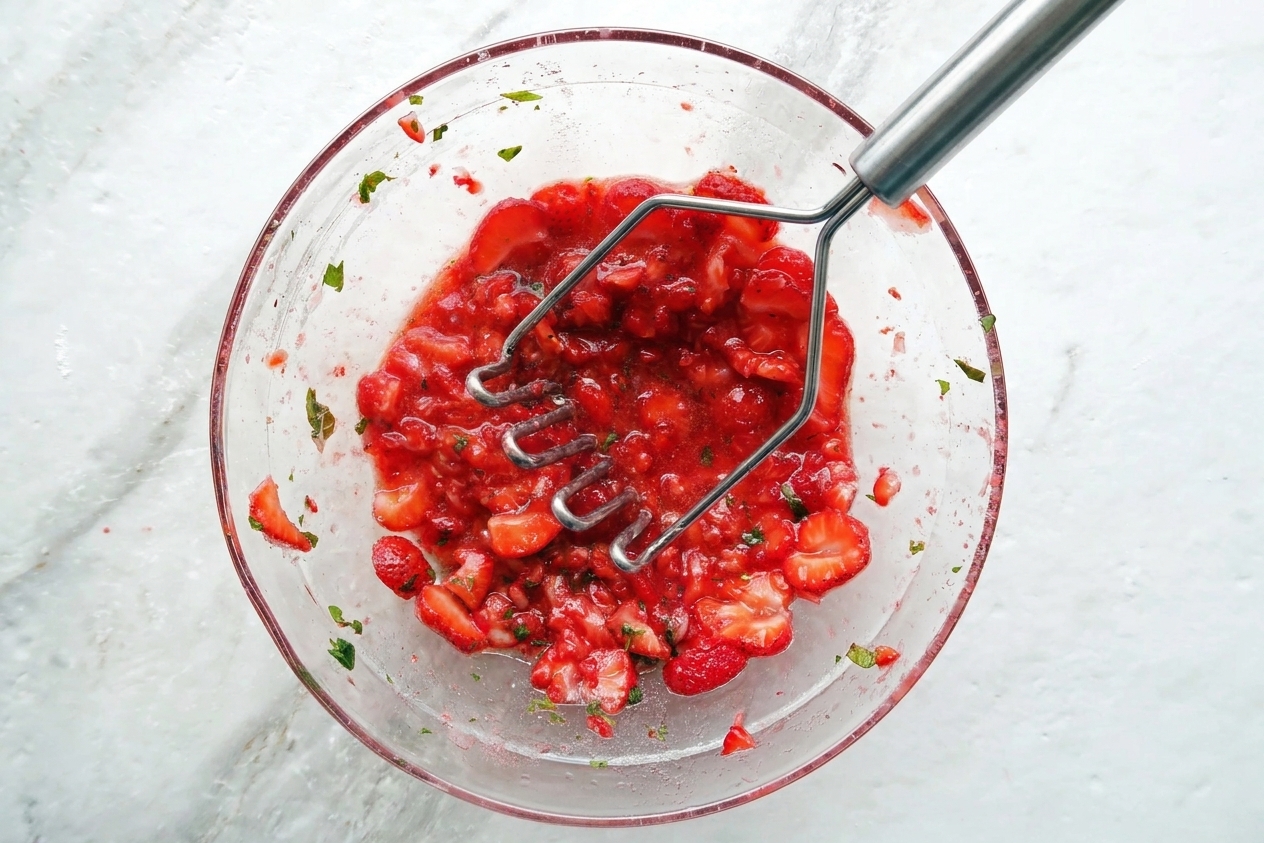 A potato masher resting in a large mixing bowl on a kitchen counter, ready to mash fruit