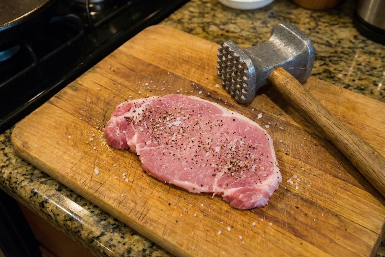 A pounded pork cutlet on a wooden cutting board with a meat mallet nearby and a light sprinkle of salt and pepper