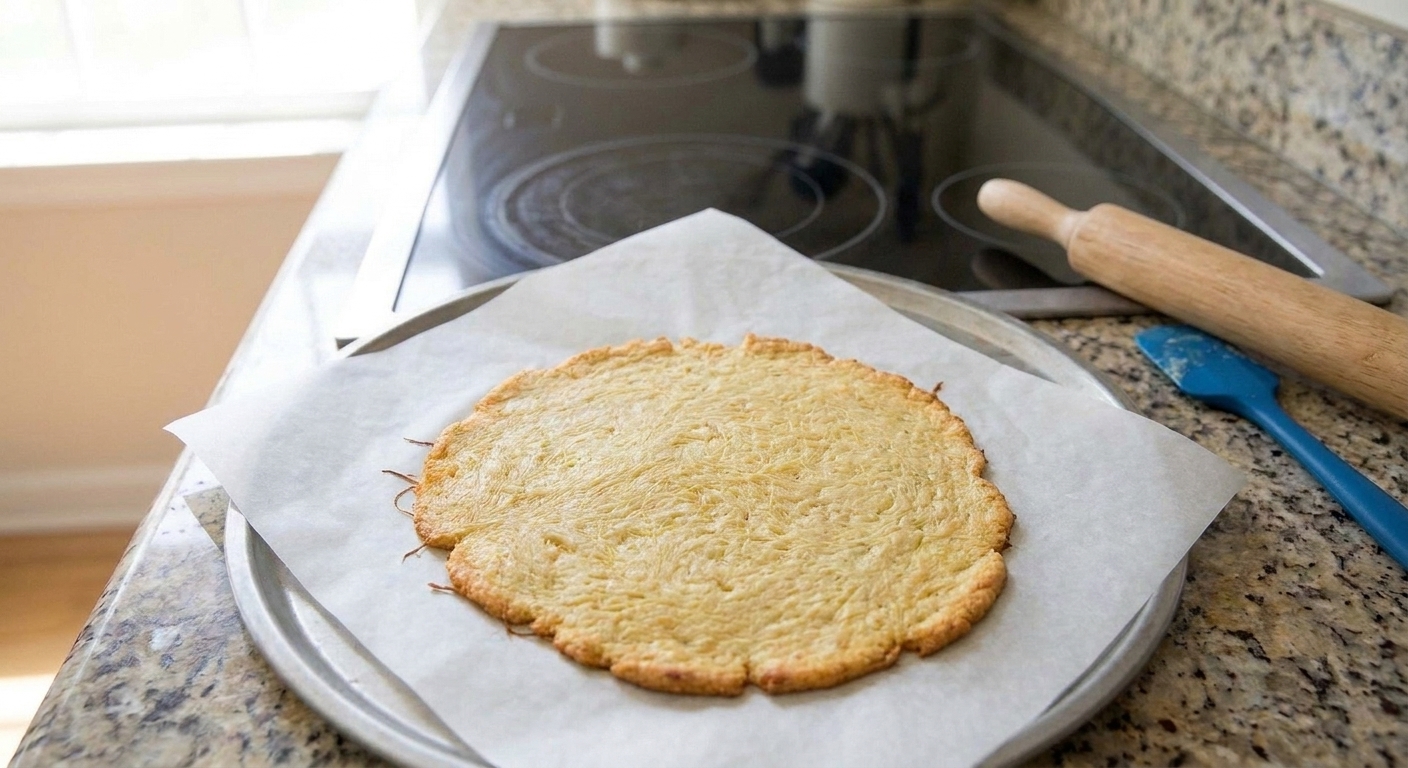 A pre-baked low carbohydrate pizza crust on a parchment-lined pan with golden edges fresh from the oven
