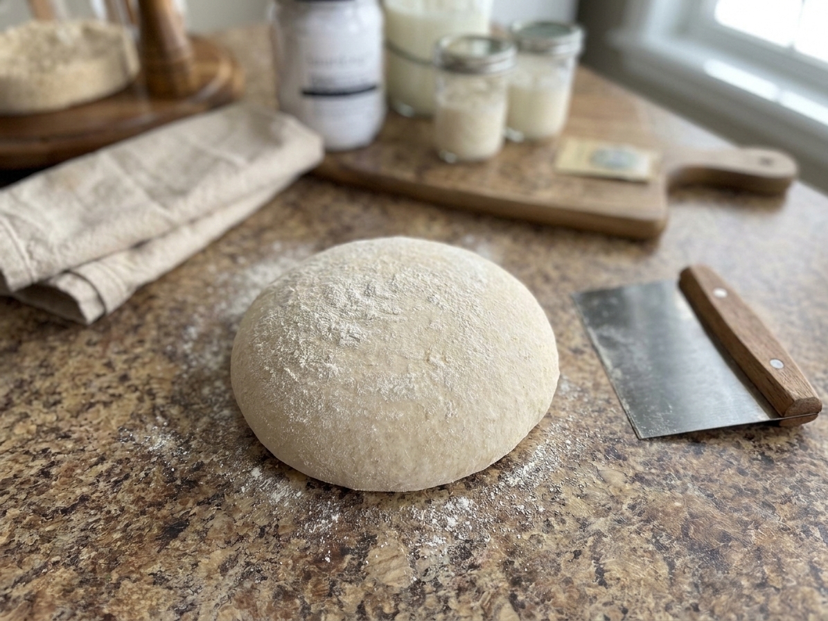 A pre-shaped round of sourdough dough on a lightly floured counter with a bench scraper nearby
