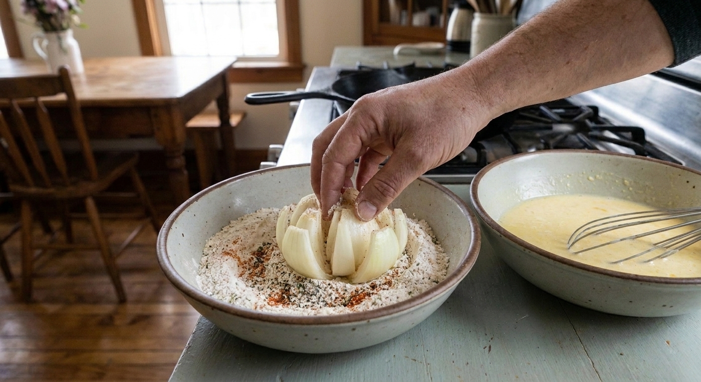 A prepared onion being pressed into a seasoned flour and cornstarch mixture in a shallow bowl, with flour pushed between the petals