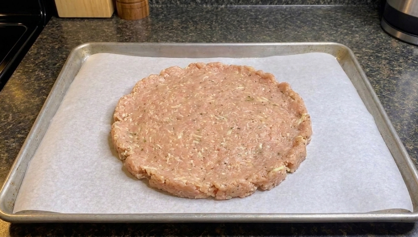 A pressed round of chicken crust mixture on parchment paper on a rimmed baking sheet