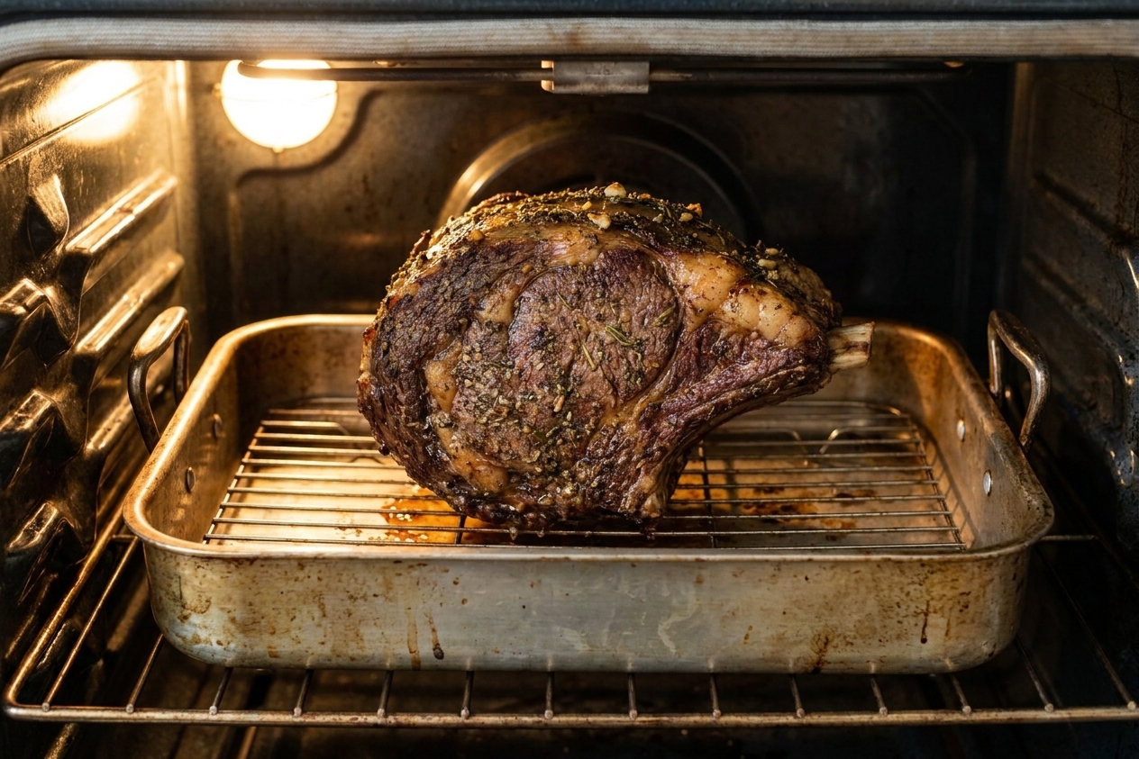 A prime rib roast on a rack in a roasting pan inside a home oven with the oven light on