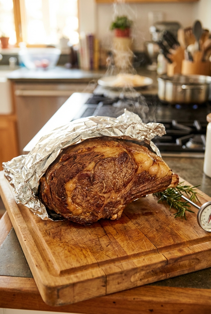 A prime rib roast resting on a cutting board loosely tented with foil