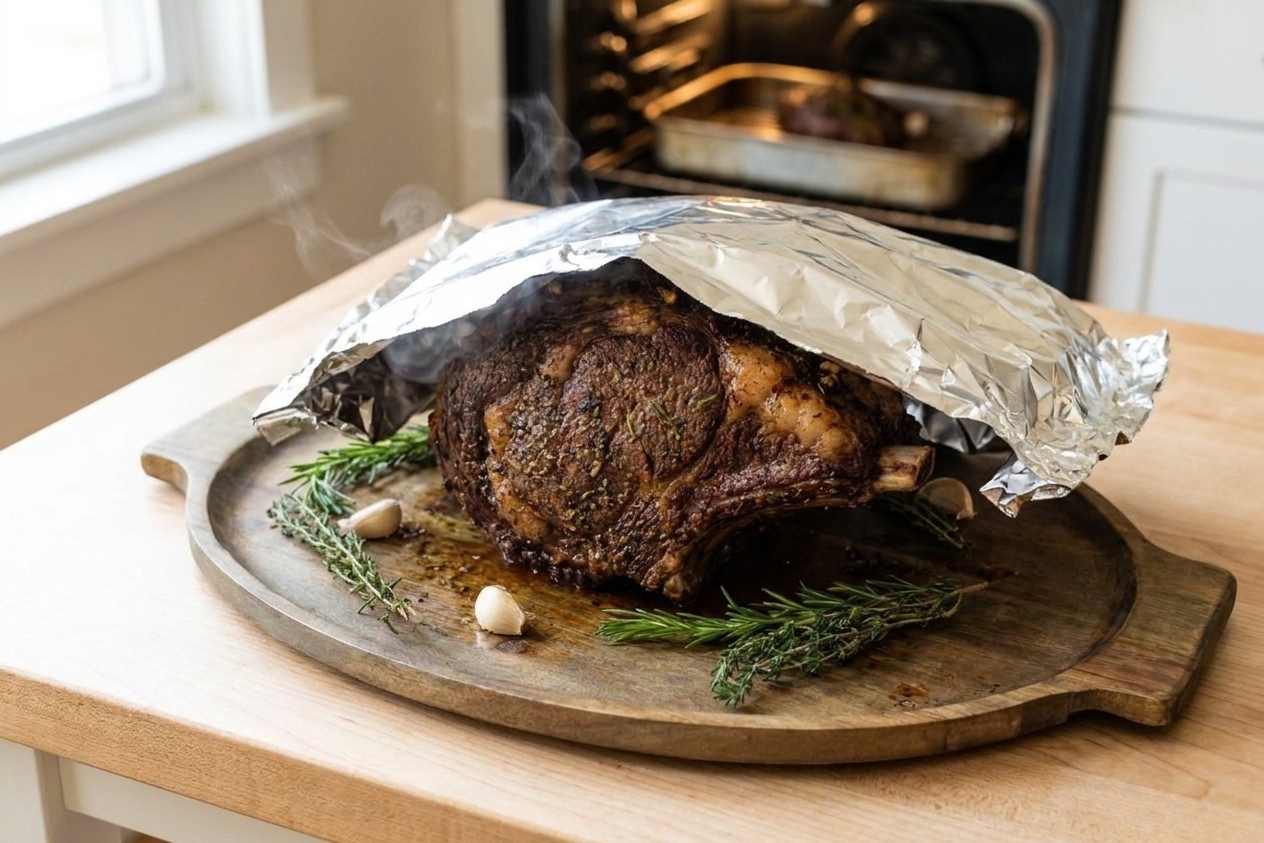 A prime rib roast resting on a wooden cutting board loosely tented with foil on a kitchen counter