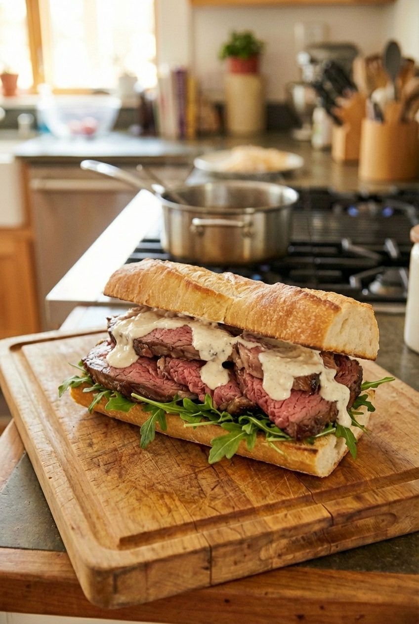 A prime rib sandwich on a crusty roll with horseradish sauce and arugula