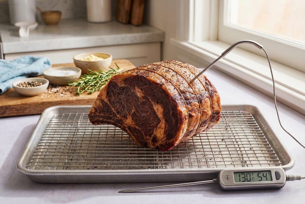 A probe thermometer inserted into the center of a ribeye roast on a rack, showing an even browning on the exterior