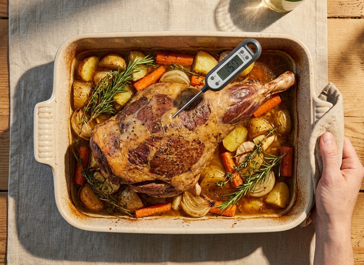 A probe thermometer inserted into the thickest part of a roasting leg of lamb in a roasting pan with vegetables and pan juices