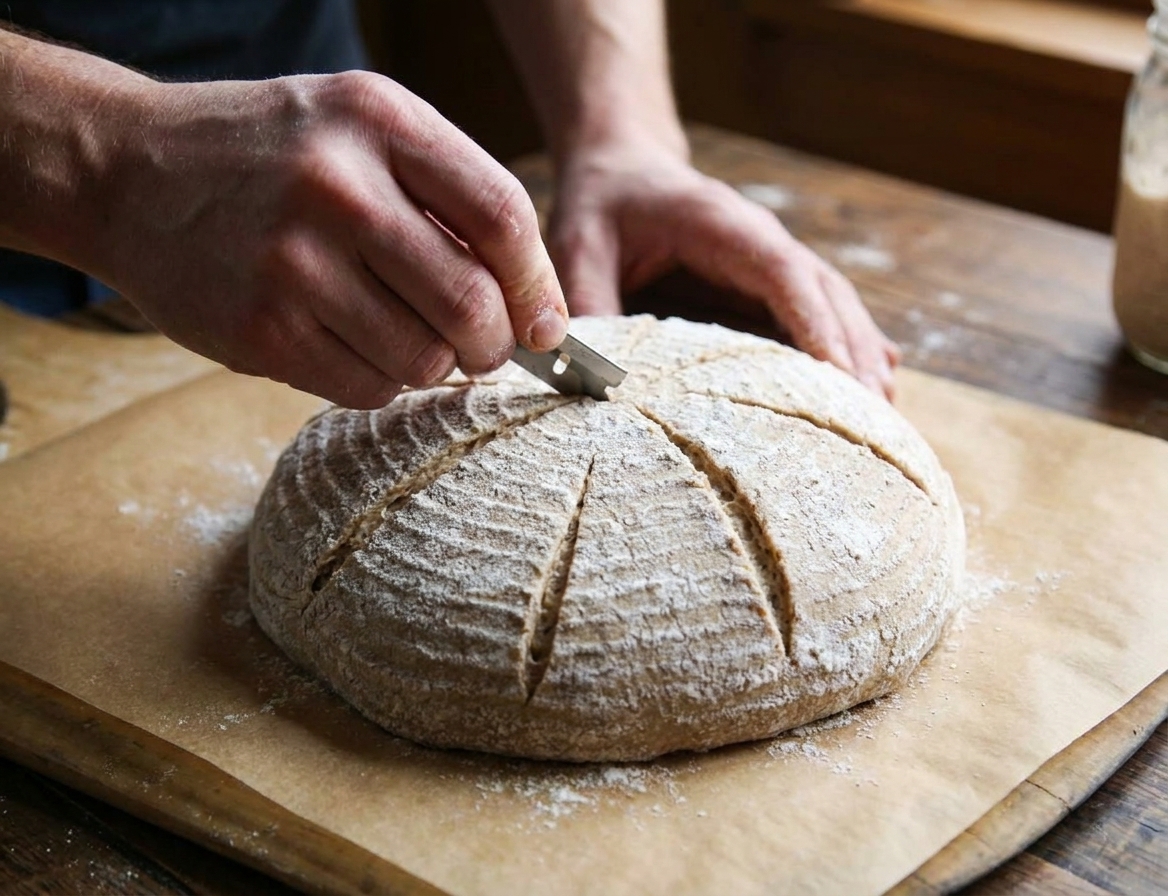 A proofed rye sourdough round on parchment as a hand scores the top with a razor blade on a countertop