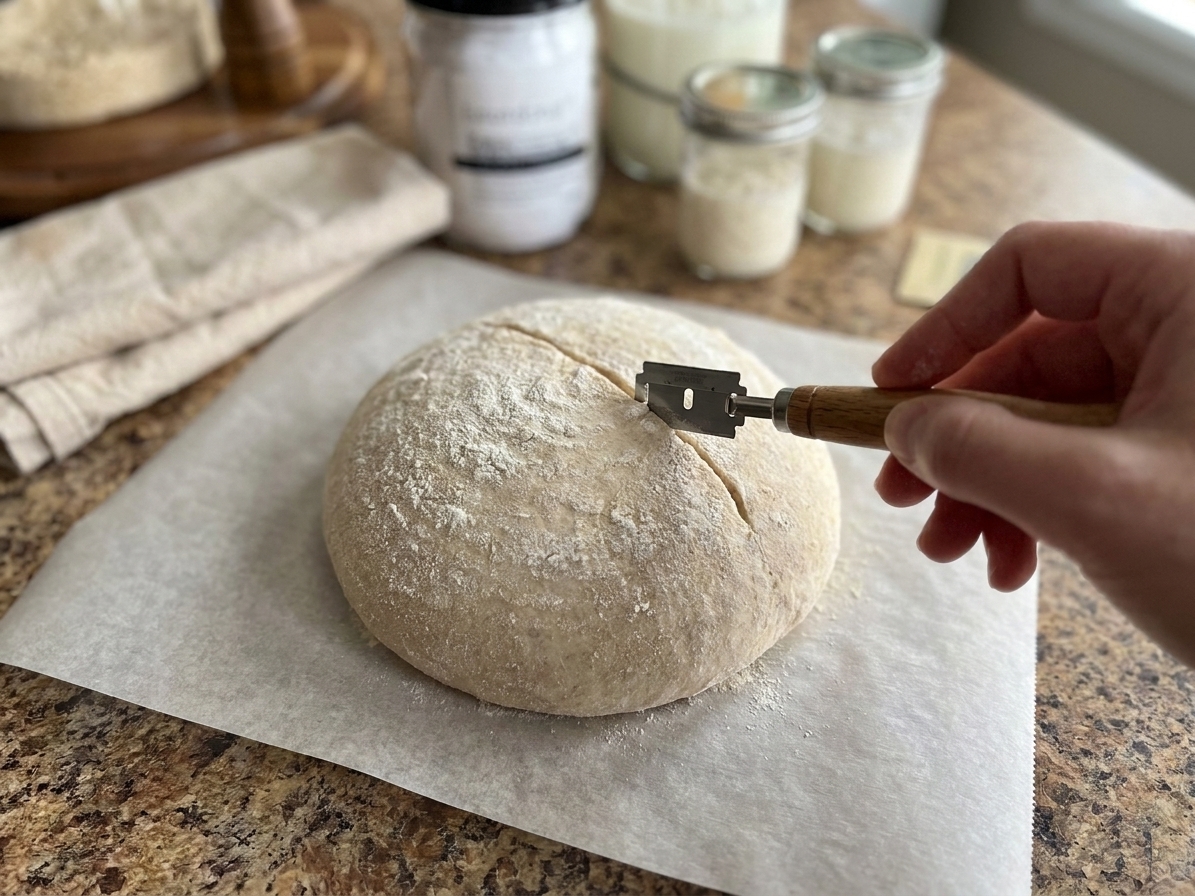 A proofed sourdough boule on parchment paper with a scoring lame positioned to make one clean slash