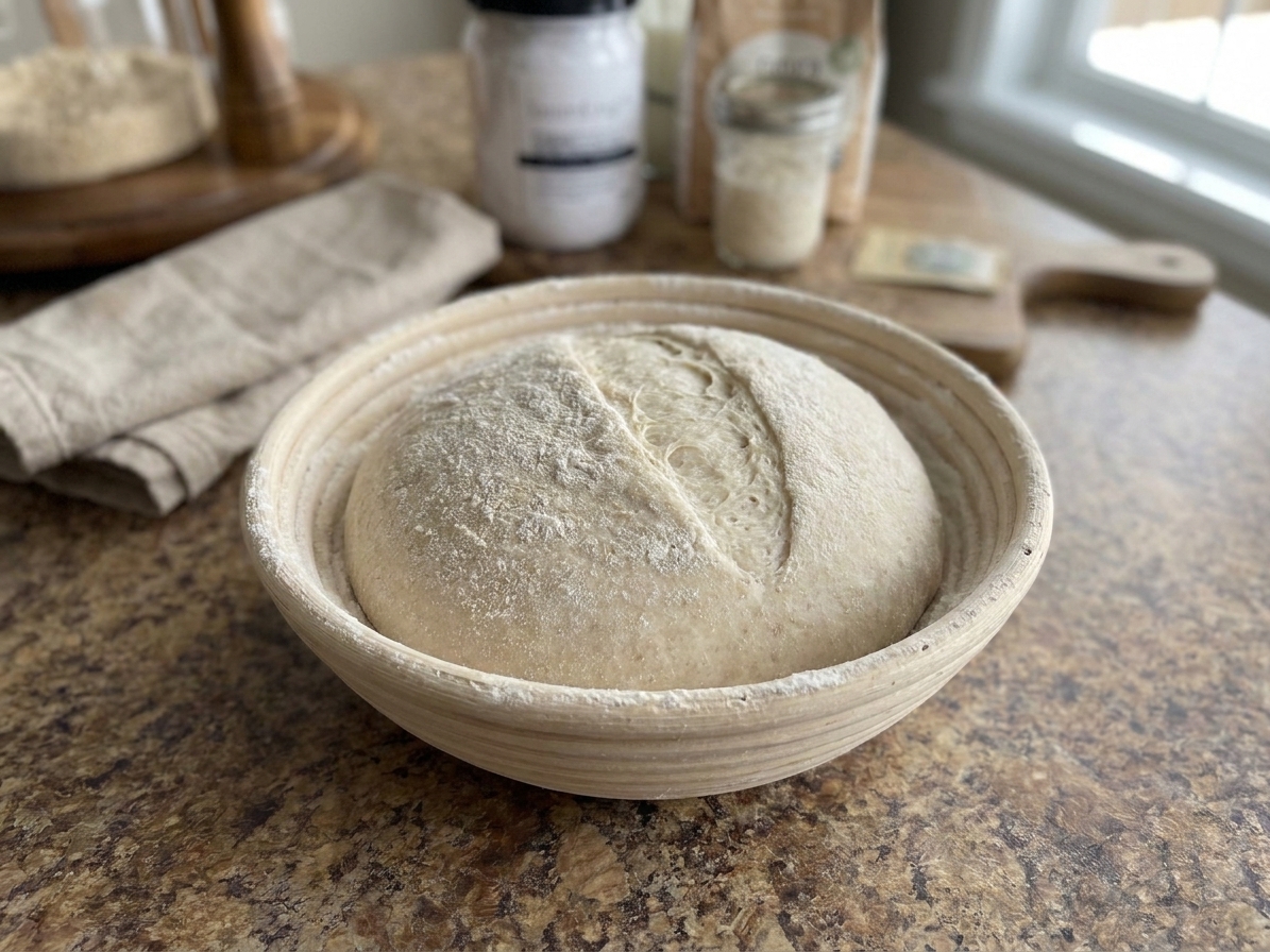 A proofed sourdough boule resting seam-side up in a floured banneton on a kitchen counter