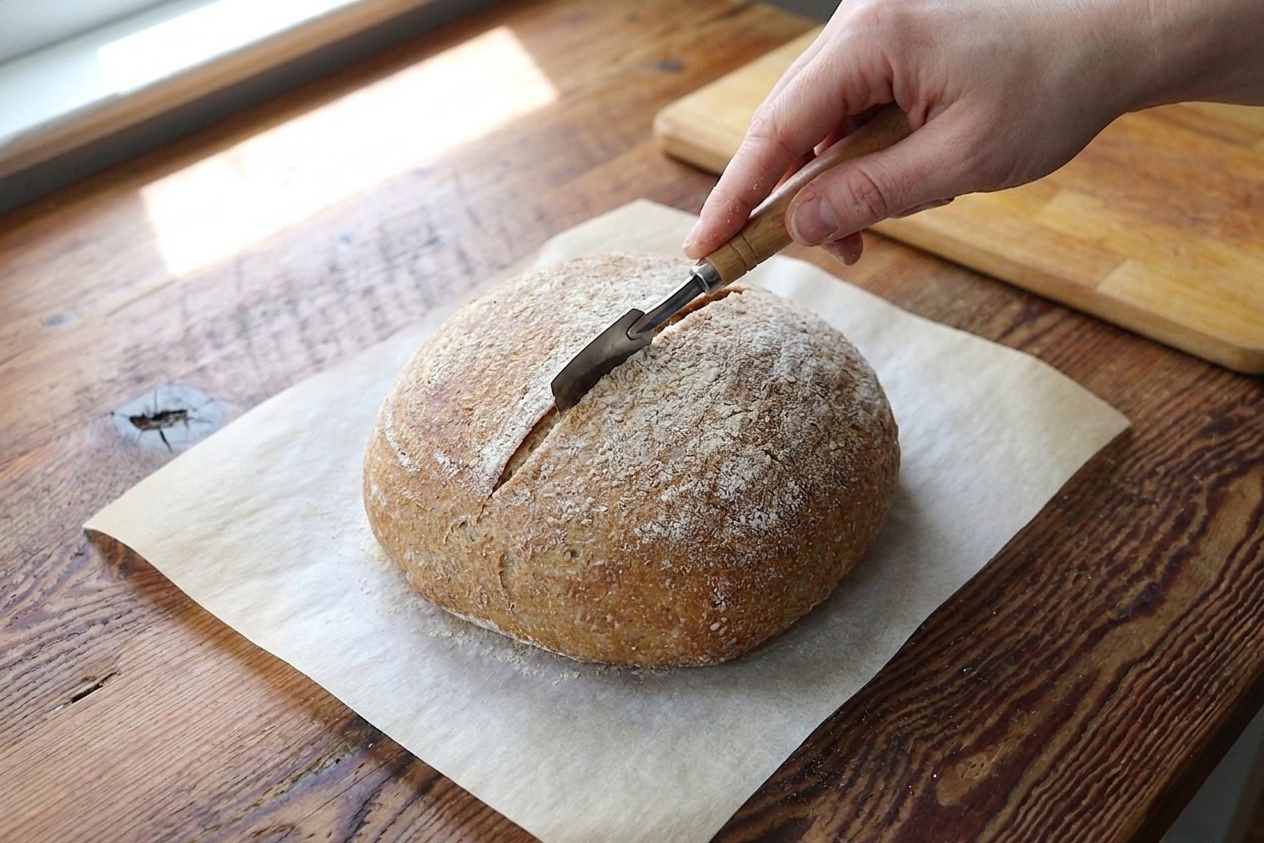 A proofed whole grain sourdough loaf on parchment paper being scored with a lame just before baking
