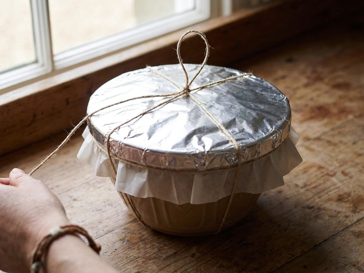 A pudding basin covered with parchment and foil tied securely with kitchen twine, ready for steaming
